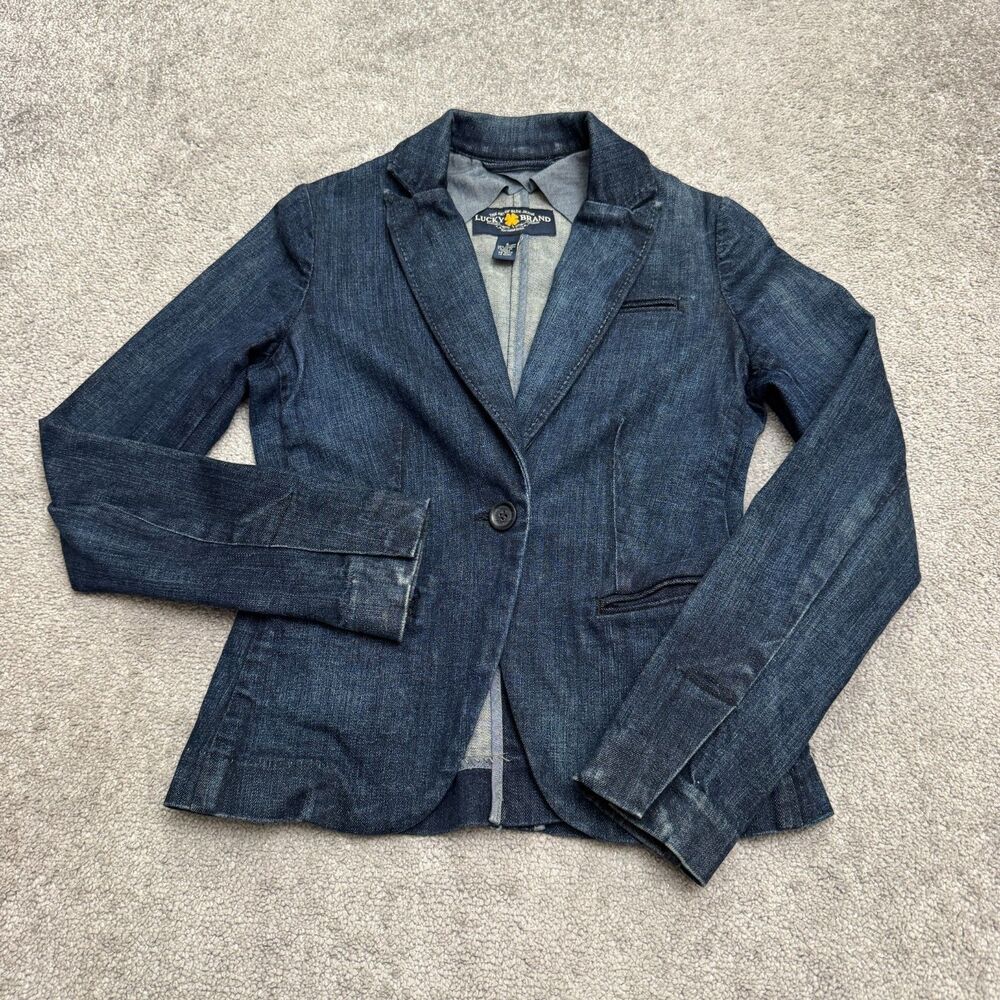 Lucky Brand Denim Blazer Jacket Womens Small Blue Stretch Notch Lapel 1 Button